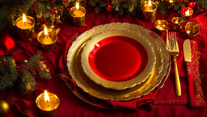 Empty plate, Christmas tree branch, festive background