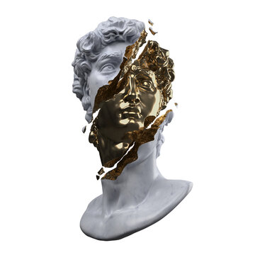 Abstract illustration from 3D rendering of a gold and white marble bust of male classical sculpture broken in three pieces and tiny fragments isolated on gray background.