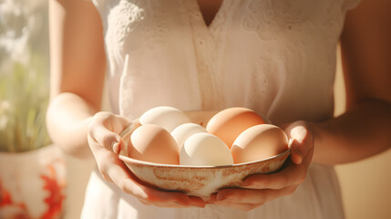 Close up of a white caucasian woman's hands holding a bowl of eggs - Powered by Adobe