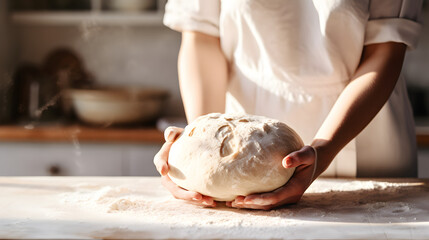 Close up of a white caucasian woman's hands preparing dough to make bread in a home kitchen 