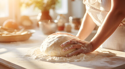 Close up of a white woman's hands kneading dough to make bread in a home kitchen 
