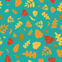 Obraz premium Autumn leaves pattern. Seamless vector background. Nature, autumn season. Autumn leaves are orange, beige, brown and yellow. Vector illustration in doodle style. Vector flat repeating background