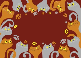 Fotobehang Banner frame with funny multicolored cartoon cats. Animal tracks, paw print, pet footprint.  Postcard design, flyer. Space for text. Vector illustration, isolated background. © Olga