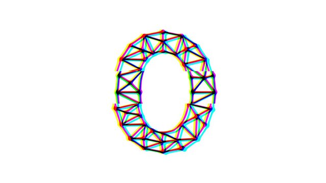Polygonal letter o animation with glitch effect on white background, 4k resolution video, text motion graphic