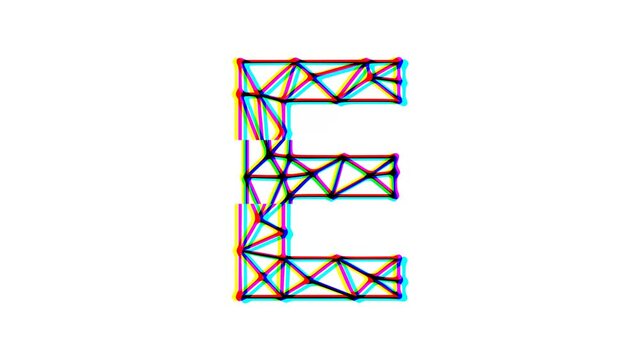 Polygonal letter e animation with glitch effect on white background, 4k resolution video, text motion graphic