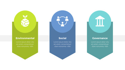 esg environmental social governance infographics template diagram with down arrow direction and circle top 3 point step creative design for slide presentation