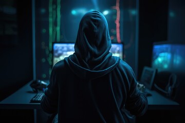 Back view of hacker wearing a hoodie sitting at their desk break into a secure network with their computer, AI generated