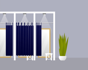 Fitting room in fashion store. Interior Clothes Store. Banner ith Copy Space. Flat. Vector. Illustration