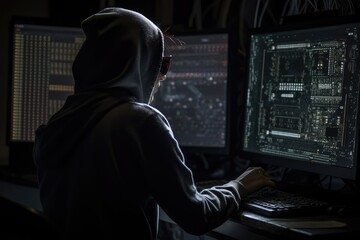 Fototapeta premium Back view of hacker wearing a hoodie sitting at their desk break into a secure network with their computer, AI generated