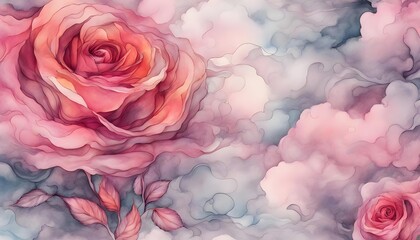 watercolor background with pink roses and clouds.