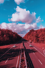 driving on the highway with infrared photo style