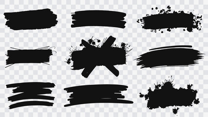A set of painted grunge stripes in various designs. Black labels, background, paint texture. Brush strokes vector. Handmade design elements.