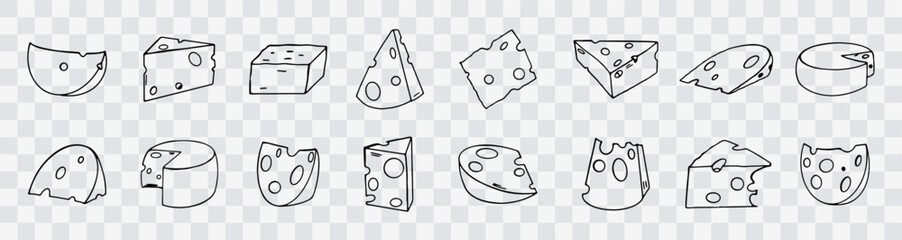 Cheese collection isolated on transparent background, hand drawn cheese outline vector illustration. Cheese sketch, doodle collection, cheese icon set