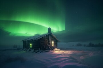 Cabin sky aurora night. Generate Ai