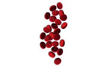Red capsules flying in the air. Lots of pills. on isolated transparent background