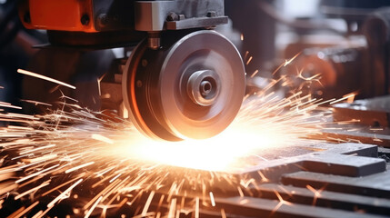 Metalworking industry: finishing metal working internal steel surface on lathe grinder machine with flying sparks