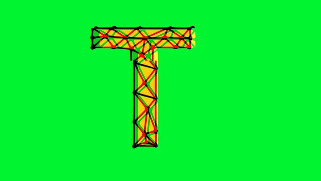 Polygonal letter t animation with glitch effect on green background, 4k resolution video, text motion graphic
