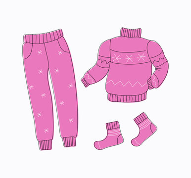 Warm cozy clothes. A set of clothes. Winter knitted sweater, pants and socks. Knitwear, woolen outfit. Linear vector sketch icon isolated white.  Autumn, winter season. Knitted jersey with an ornament