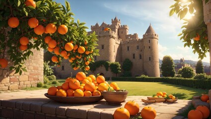 "Medieval Citrus: Ripe Oranges by the Castle"