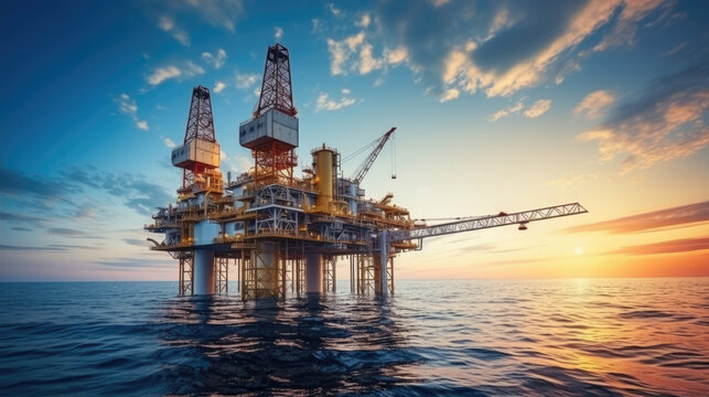Oil and gas platform in the gulf or the sea, The world energy, Offshore oil and rig construction.