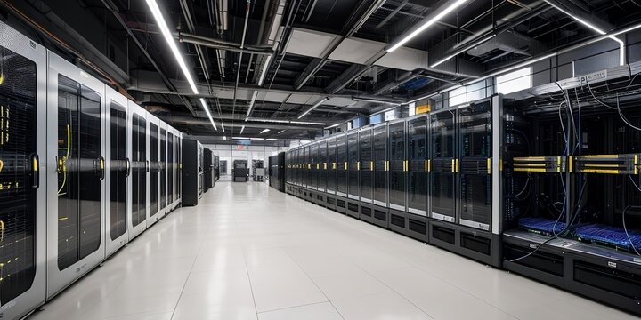 A beautiful view in a futuristic server room. Futuristic data center concept