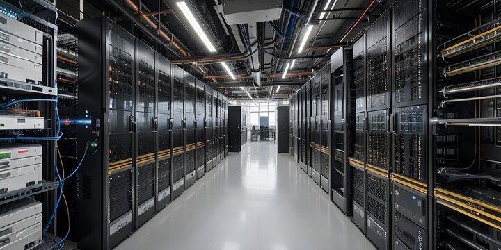 A beautiful view in a futuristic server room. Futuristic data center concept