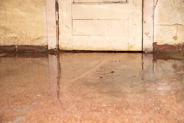 Flooding rainwater, causing damage, peeling paint and mildew.