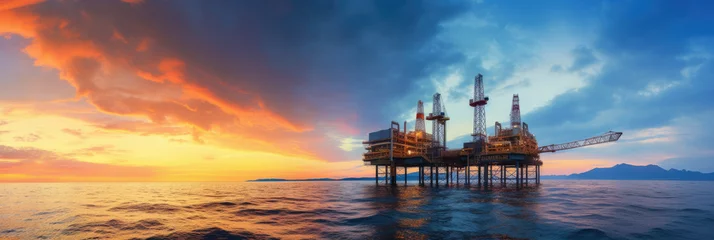 Fotobehang Panorama view of offshore oil and Gas processing platform in sunset time, Concept of exploration and petroleum production industry in the sea. © Sasint