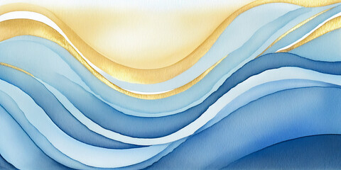 Abstract ocean wave sunny watercolor, blue and yellow background, wavy texture backdrop for copy space text. Happy sun summer sky cartoon as mobile web banner. Minimalist pool, beach wave painting 