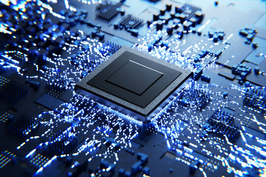Conventional technologies. New microprocessor. Computer chips and processors on electronic boards. Abstract microelectronics technology concept. Abstract microchip. 3d render.