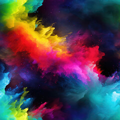 Colorful paint splashes on black background repeat pattern