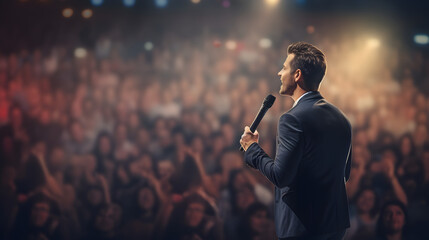 A Person with a Microphone Talking, Speaking, Singing to a Crowd of People - obrazy, fototapety, plakaty
