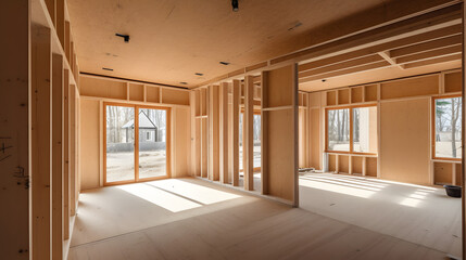 Banner construction industry wooden house. Interior frame of new wood building truss, post and beam framework