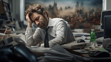 A hopeless man sitting in an office area. Sad businessman. Disappointed employee. - obrazy, fototapety, plakaty