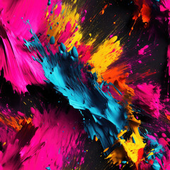 Colorful paint splashes on black background repeat pattern