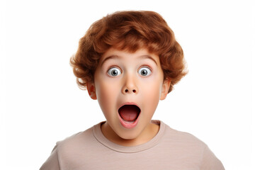 a young kid boy expressing surprise and shock emotion with his mouth open and big wide open eyes. isolated on white background 