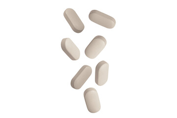 Natural capsules and pills flying in the air. on isolated transparent background