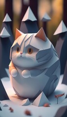 Origami 3d wallpaper, cute chubby cat on snow forest, AI generated