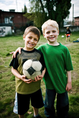 Young football player photo together on football field, AI generated