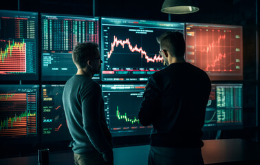 Two stock traders discussing financial crypto market data. Adviser broker manager consulting investor client on investment strategy, doing digital online finance market forecast at meeting