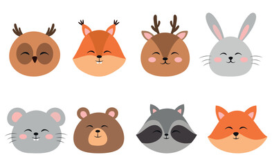Cute funny forest animals face. Cartoon owl, squirrel, deer, rabbit, mouse, bear, raccoon, fox. Vector illustration isolated on white background