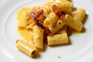 Rigatoni Carbonara Pasta with Eggs, Pecorino Romano and Guanciale in the Roman or Lazio Style