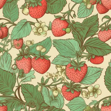 Seamless strawberries and vines background, AI generated