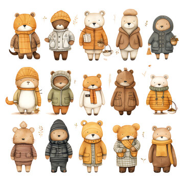 Cute cartoon bear collection with autumn leaves. Vector illustration on white background.