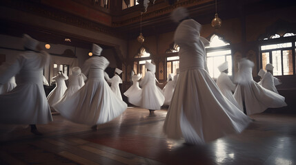 Sufi Dervish Whirling Silhouette in white dress, Turkey. Generation AI.