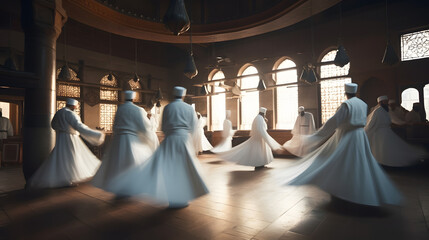 Naklejka premium Sufi Dervish Whirling Silhouette in white dress, Turkey. Generation AI.