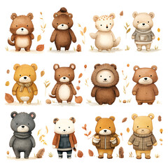 Cute cartoon bear collection with autumn leaves. Vector illustration on white background.