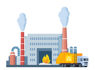 Incineration plant and garbage truck. Waste factory. Trash transportation and recycling. Rubbish disposal. Smoke pipes. Nature pollution. Industrial production building. Vector illustration. - obrazy, fototapety, plakaty