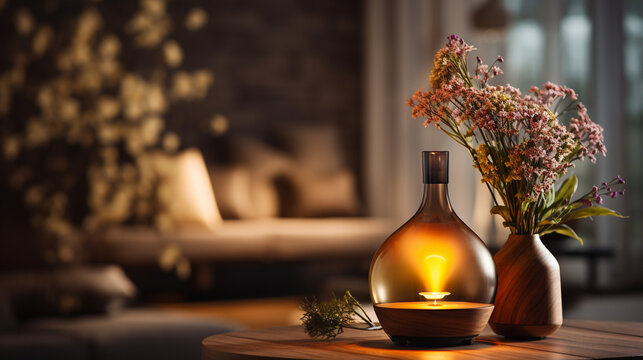 ambient room with aromatherapy diffuser spreading soothing aromas