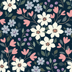 Seamless floral pattern, liberty ditsy print of pretty forest meadow. Cute botanical design: small hand drawn wild flowers, leaves, berries, herbs on a dark background. Vector illustration.